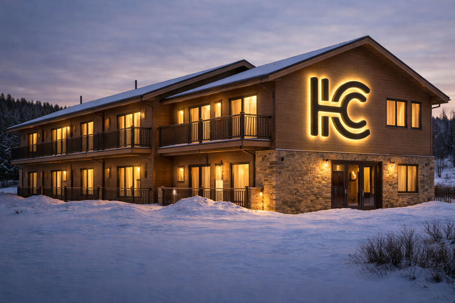 Hillcrest Suites exterior under construction in winter